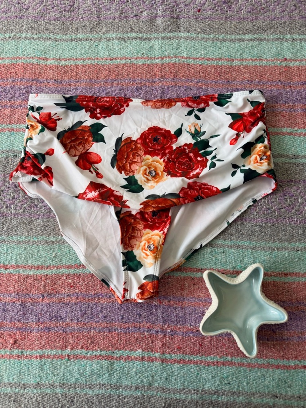 Floral High Waisted Bikini Bottoms XXL White Red Rose Swim